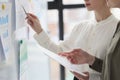 Woman points pen to researched paper sheet on whiteboard Royalty Free Stock Photo