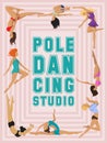 Woman pole dancing studio poster sexy female vector illustration. Professional sensuality human strong performance