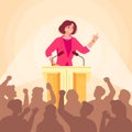 Woman politician. Female american politic speaker at faculty podium stage talk speech lecture to press audience business