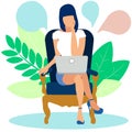 A woman ponders the solution to the problem behind a laptop. In minimalist style Cartoon flat raster