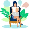 A woman ponders the solution to the problem behind a laptop. In minimalist style Cartoon flat Vector
