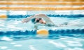 Woman, pool and swimming in sports fitness, exercise or training in water splash or athletics. Female person, athlete or Royalty Free Stock Photo