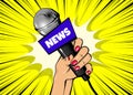 Woman pop art hand hold microphone journalist Royalty Free Stock Photo