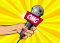 Woman pop art hand hold microphone omg Royalty Free Stock Photo