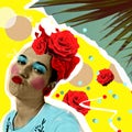 Woman in pop art style and tropic palm leaves. Trendy zine collage, fashion print, poster