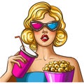 Woman with popcorn and soda watching movie vector