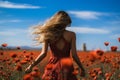 Woman poppies field blue sky. Generate Ai Royalty Free Stock Photo