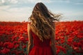 Woman poppies field flower. Generate Ai Royalty Free Stock Photo