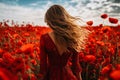 Woman poppies field flowers. Generate Ai Royalty Free Stock Photo