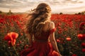 Woman poppies field sunset. Generate Ai Royalty Free Stock Photo