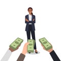 Woman popular specialist with money at human hands. Female demanded professional Royalty Free Stock Photo