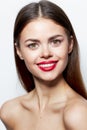 Woman portrait Bare shoulders charm close-up smile red lips