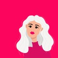 Woman portrait. Beautiful lady, female. Young girl face. Blonde curly hairstyle. Long white hair. Avatar for social networks. Pink Royalty Free Stock Photo