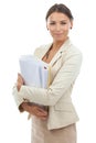 Woman, portrait and business paperwork for professional planning research, project or administration. Female person Royalty Free Stock Photo