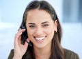 Woman in portrait, call center and contact us with communication and CRM with tech support. Customer service, help desk Royalty Free Stock Photo
