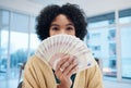 Woman, portrait and cash fan with financial freedom, bonus or winning with wealth, bills and lottery. Money, investment Royalty Free Stock Photo