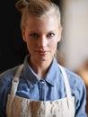 Woman, portrait and chef or apron with confidence in restaurant or preparing meal, nutrition or hospitality. Female Royalty Free Stock Photo