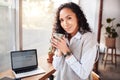 Woman portrait, coffee shop and laptop screen for stock market business, remote work and online financial trading