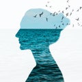 Woman portrait with double exposure and with the blue sea and flying birds Royalty Free Stock Photo