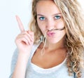 Woman, portrait and finger or hair mustache, fun confident humor or funny expression. Female person, face emoji or hands