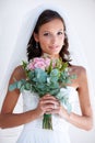 Woman, portrait and flower bouquet or wedding dress for bride event, love promise or diamond ring. Female person, plant