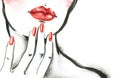 Woman portrait with hand . Abstract watercolor. Fashion illustration. Red lips and nails watercolor painting. Royalty Free Stock Photo