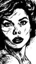 Woman portrait in hand drawing or engraving style. 60s styled beautiful comic book character in black and white.