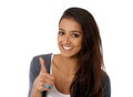 Woman, portrait and happy with thumbs up in studio for thank you, support or hand gesture with mockup space. Person, yes Royalty Free Stock Photo