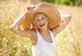 Woman, portrait or hat in wheat field or sunshine summer relax, smile on farm. Female person, grass straw or meadow Royalty Free Stock Photo