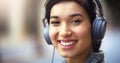 Woman in portrait, headphones in city and smile listening to music, freedom and technology outdoor. Mockup space