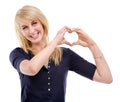 Woman, portrait and heart hands for care in studio, kindness and peace emoji or symbol. Happy female person, support Royalty Free Stock Photo