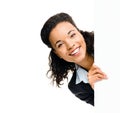 Woman, portrait or hiding by billboard promotion sales, poster branding mockup or product placement mock up. Happy smile