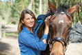 Woman, portrait and horse, animal and equestrian with riding outdoor, countryside and ranch. Sports, recreation and farm Royalty Free Stock Photo