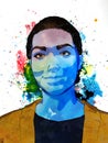 Woman portrait illustration watercolor painting abstract background lady blue face on colorful splash stain paint Royalty Free Stock Photo