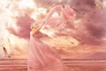 Woman Portrait in Long Dress on Sea Coast, Fantasy Girl Pink Gown in Storm Wind