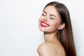 Woman portrait Naked shoulders smile closed eyes red lips clear skin