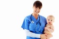 Woman, portrait and nurse with baby in studio isolated on white background mockup. Face, healthcare or happy medical Royalty Free Stock Photo