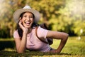Woman, portrait and park activity of a young person happy about nature, travel and freedom. Happiness, smile and Royalty Free Stock Photo