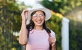 Woman, portrait and park of a young person in London happy about nature, travel and freedom. Happiness, smile and Royalty Free Stock Photo