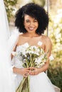 Woman, portrait and pride with flowers on wedding day for outdoor celebration, ceremony or gown. Female person, bouquet Royalty Free Stock Photo