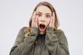 Woman, portrait and shock in studio for drama, gossip and wtf or omg for sale on white background. Female person