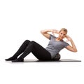 Woman, portrait and sit up with exercise ball for abs obliques workout, fitness or white background. Female person, face Royalty Free Stock Photo