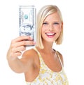 Woman in portrait, smile with cash in hand, finance and dollars with happy rich female isolated on white background