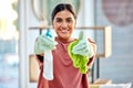 Woman, portrait smile and detergent with cloth for cleaning, hygiene or house disinfection at home. Happy female cleaner Royalty Free Stock Photo