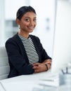 Woman, portrait and smile with office, confidence and working for professional law firm. Attorney, technology and Royalty Free Stock Photo