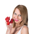Woman portrait and strawberry on a her fingers Royalty Free Stock Photo