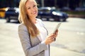 Woman, portrait and tablet with city, commute and street with smile for travel startup. Entrepreneur, technology and Royalty Free Stock Photo