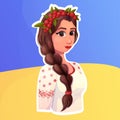 Woman portrait traditional wear European Ukraine with braid and wreath in cartoon style, folklore girl, on flag