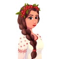 Woman portrait traditional wear European Ukraine with braid and wreath in cartoon style, folklore girl, isolated on