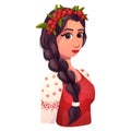 Woman portrait traditional wear European Ukraine with braid and wreath in cartoon style, folklore girl, isolated on